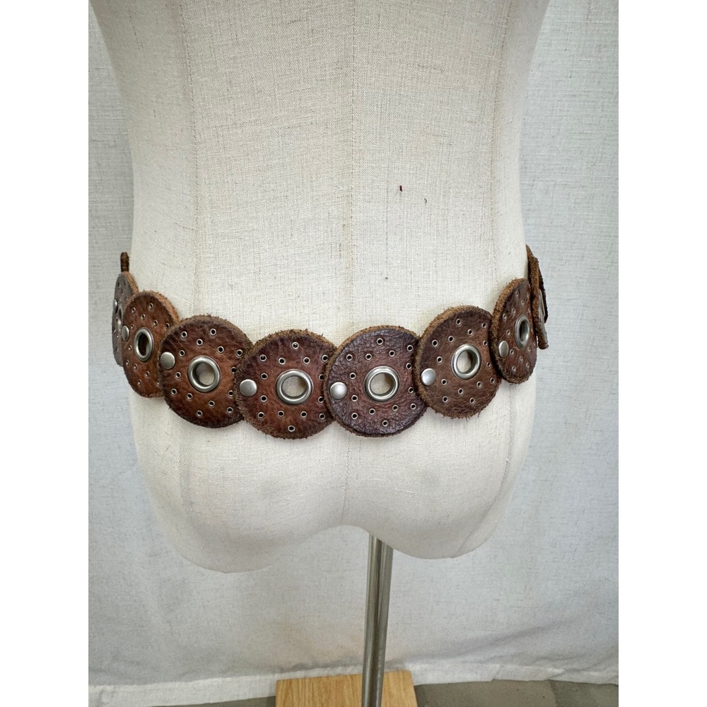 Western boho leather Disc Concho Belt‎ Brown silver grommets SML/MED adjustable - Picture 15 of 16